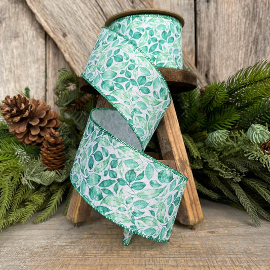2.5" Green Leaf Ribbon, Wired Ribbon, Spring Ribbon, Wedding Ribbon, Everyday Ribbon, Gren LEaf Ribbon, Green White Ribbon