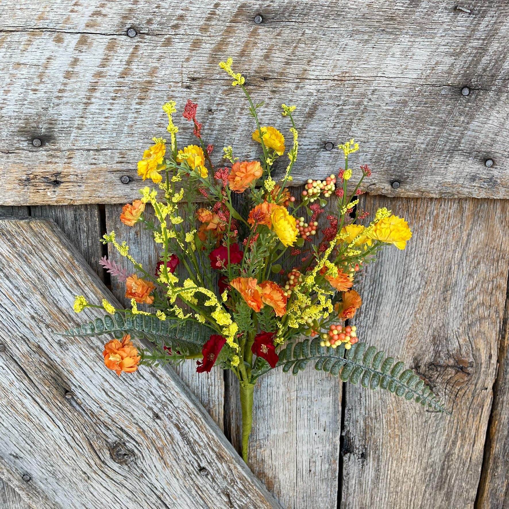 20" Spring Filler Floral Bush, Orange Yellow Red Floral Bush, Hand Tied Bush, Spring FLoral Bush, Wreath, Wedding Florals, 64847-ORYELRD