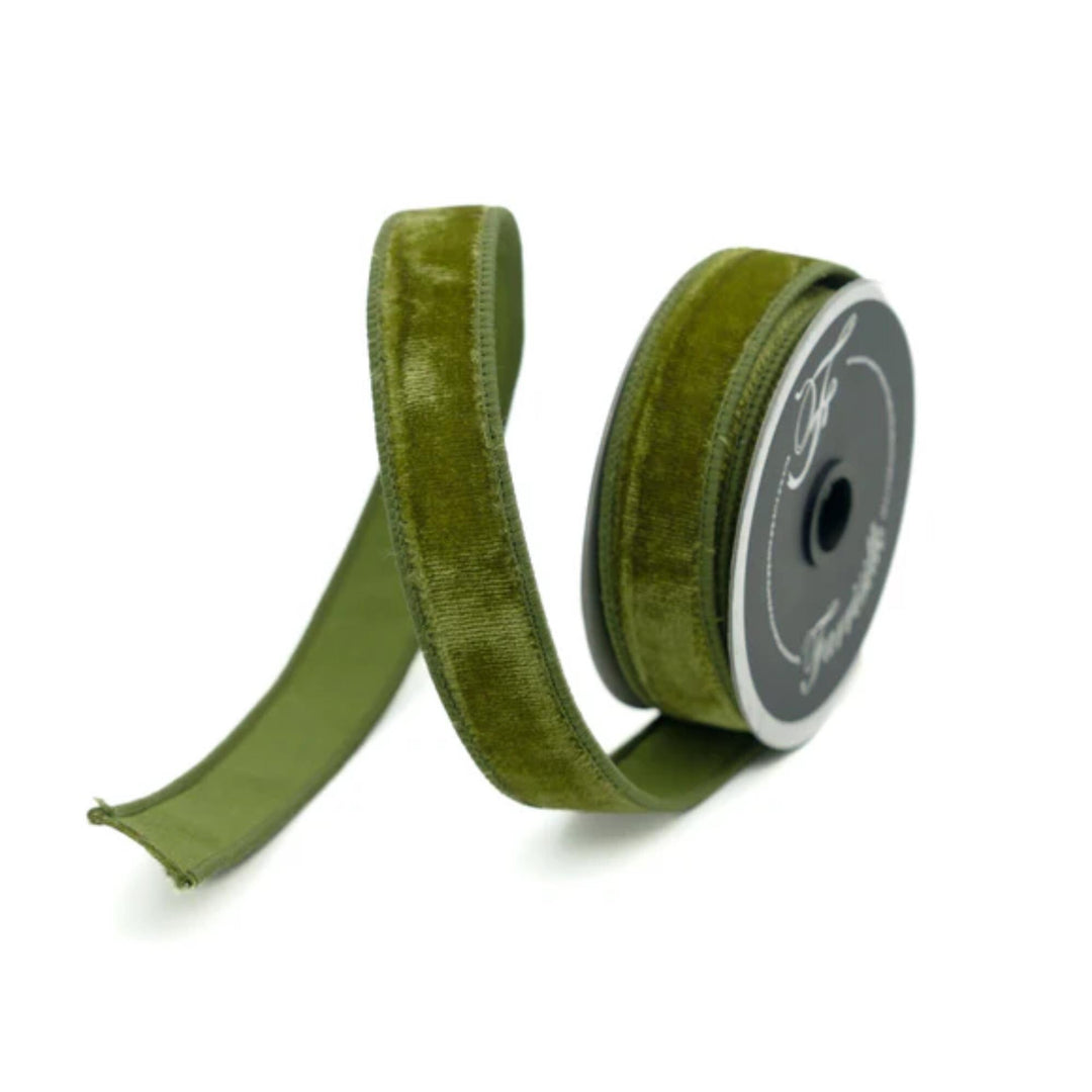 3/4" Olive Green Velvet Ribbon, Farrisilk Ribbon, Wired Ribbon