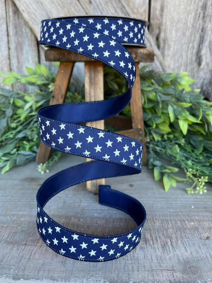 1" Blue Stars Wired RIbbon, Farrisilk Ribbon, Designer Ribbon