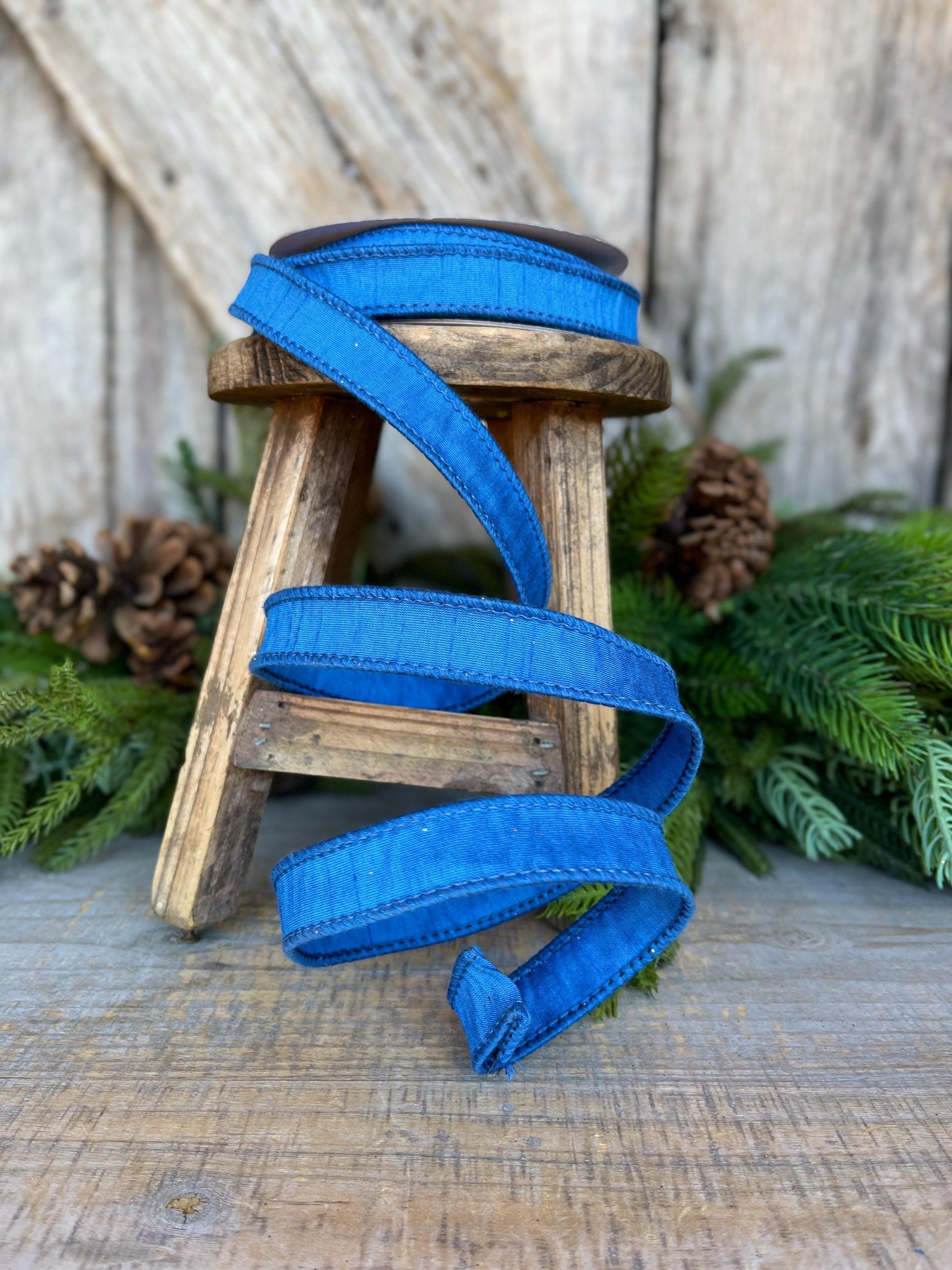 7/8” Royal Blue Dupion Ribbon, blue ribbon, wired ribbon