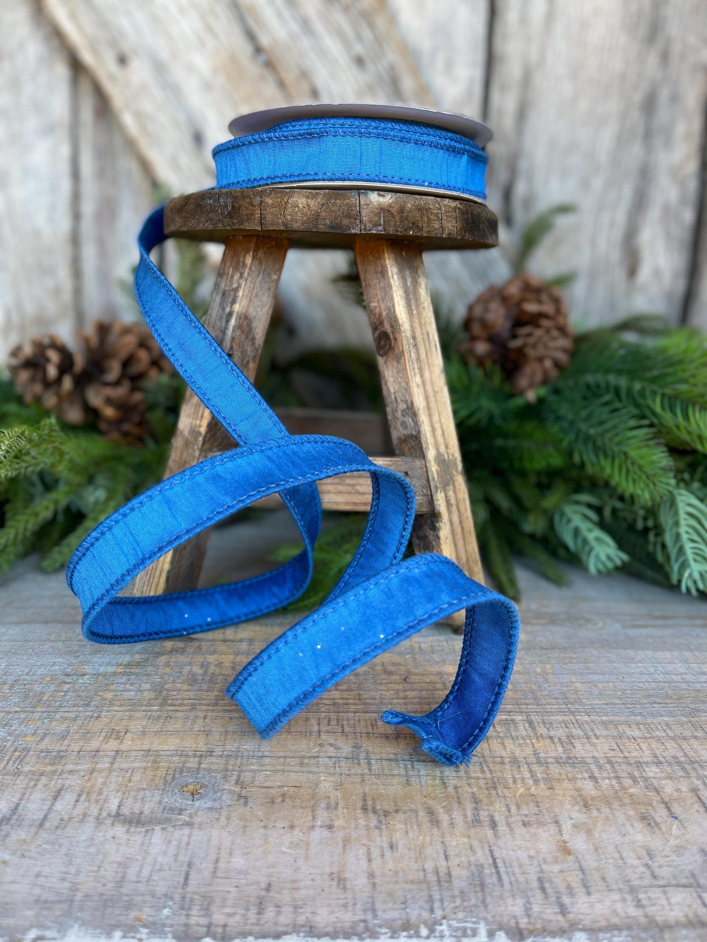 7/8” Royal Blue Dupion Ribbon, blue ribbon, wired ribbon