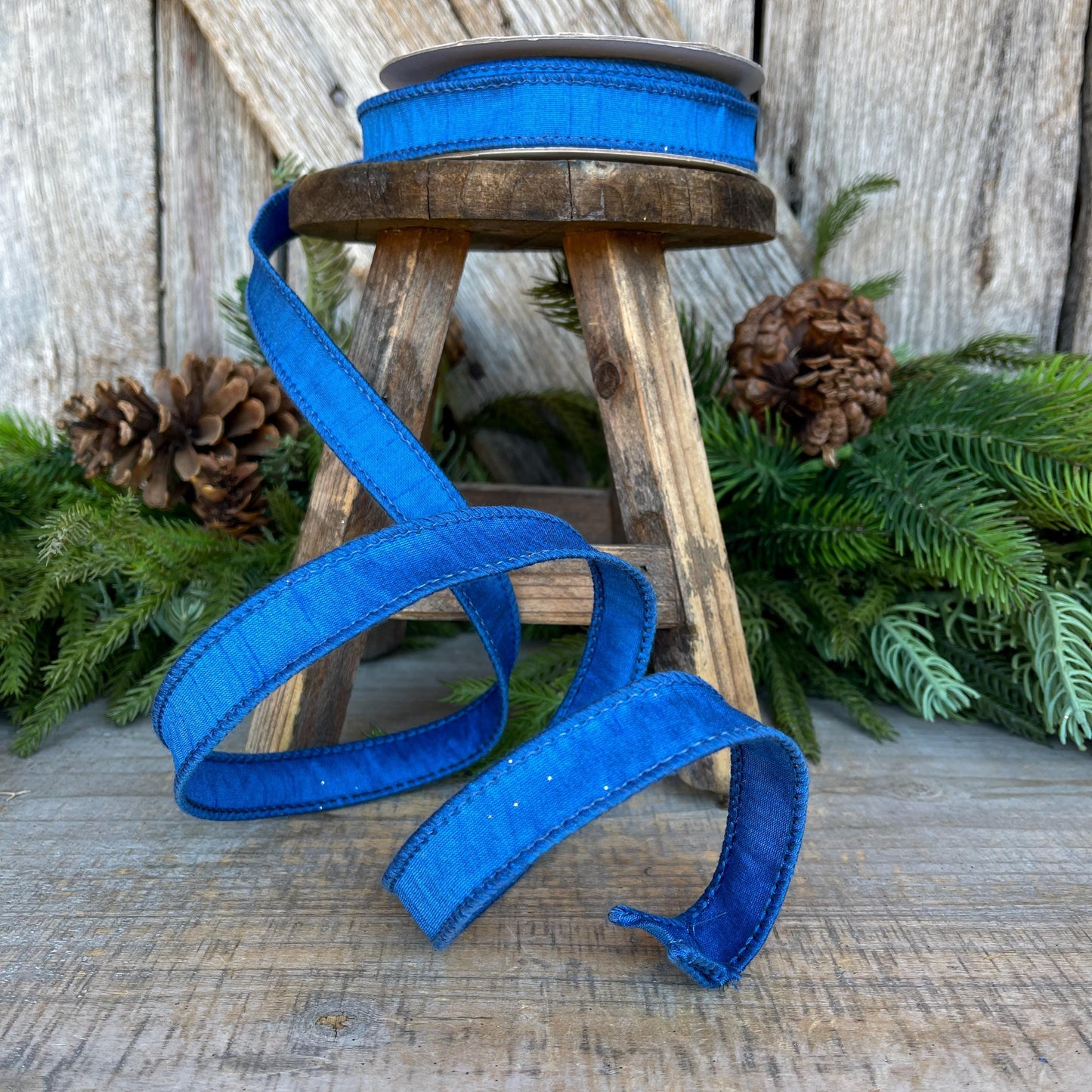 7/8” Royal Blue Dupion Ribbon, blue ribbon, wired ribbon