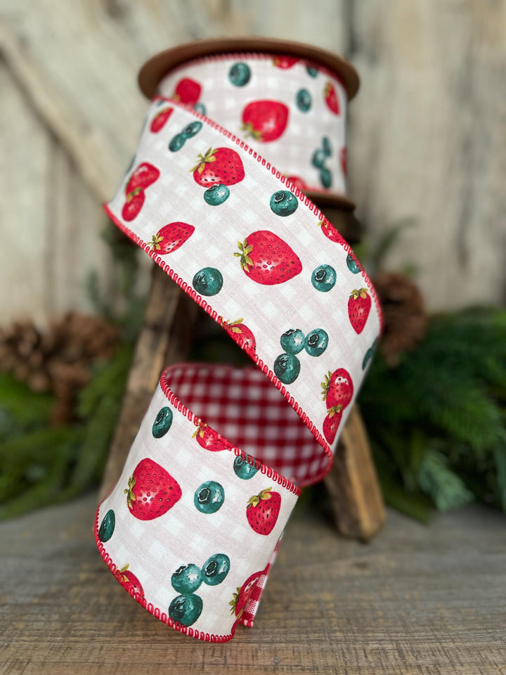 2.5" Strawberry Blueberry Ribbon, Wired Ribbon, Spring Ribbon
