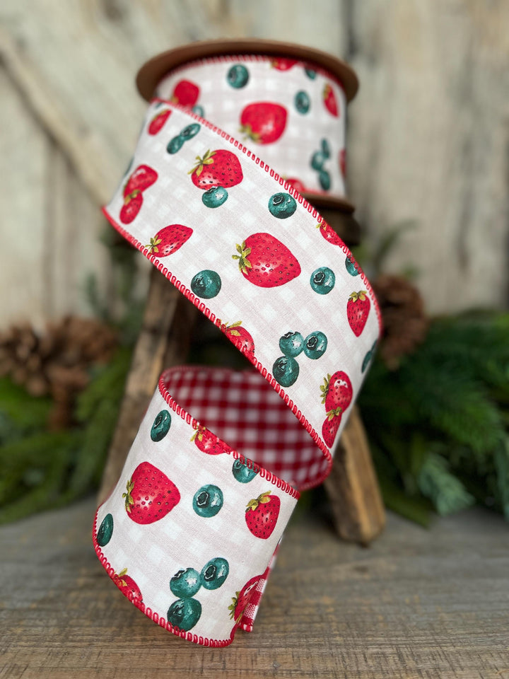 2.5" Strawberry Blueberry Ribbon, Wired Ribbon, Spring Ribbon