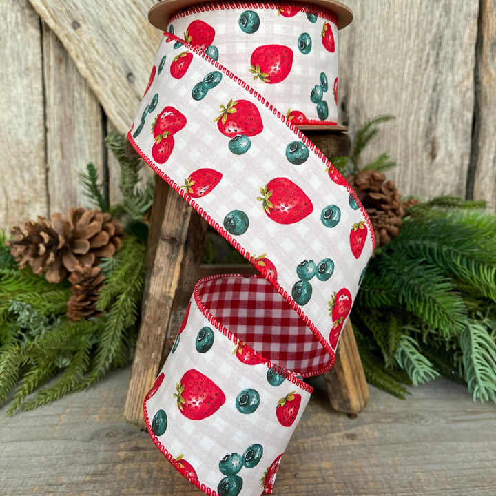 2.5" Strawberry Blueberry Ribbon, Wired Ribbon, Spring Ribbon