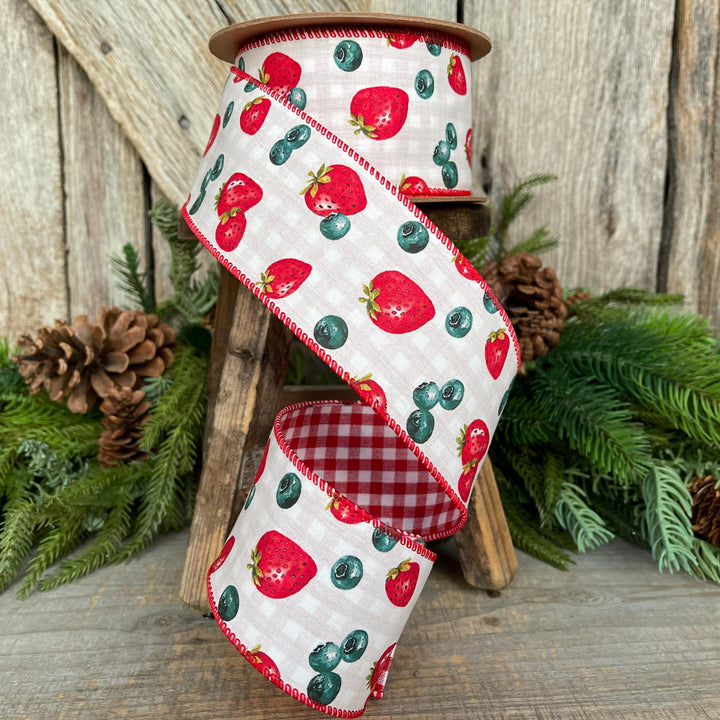2.5" Strawberry Blueberry Ribbon, Wired Ribbon, Spring Ribbon
