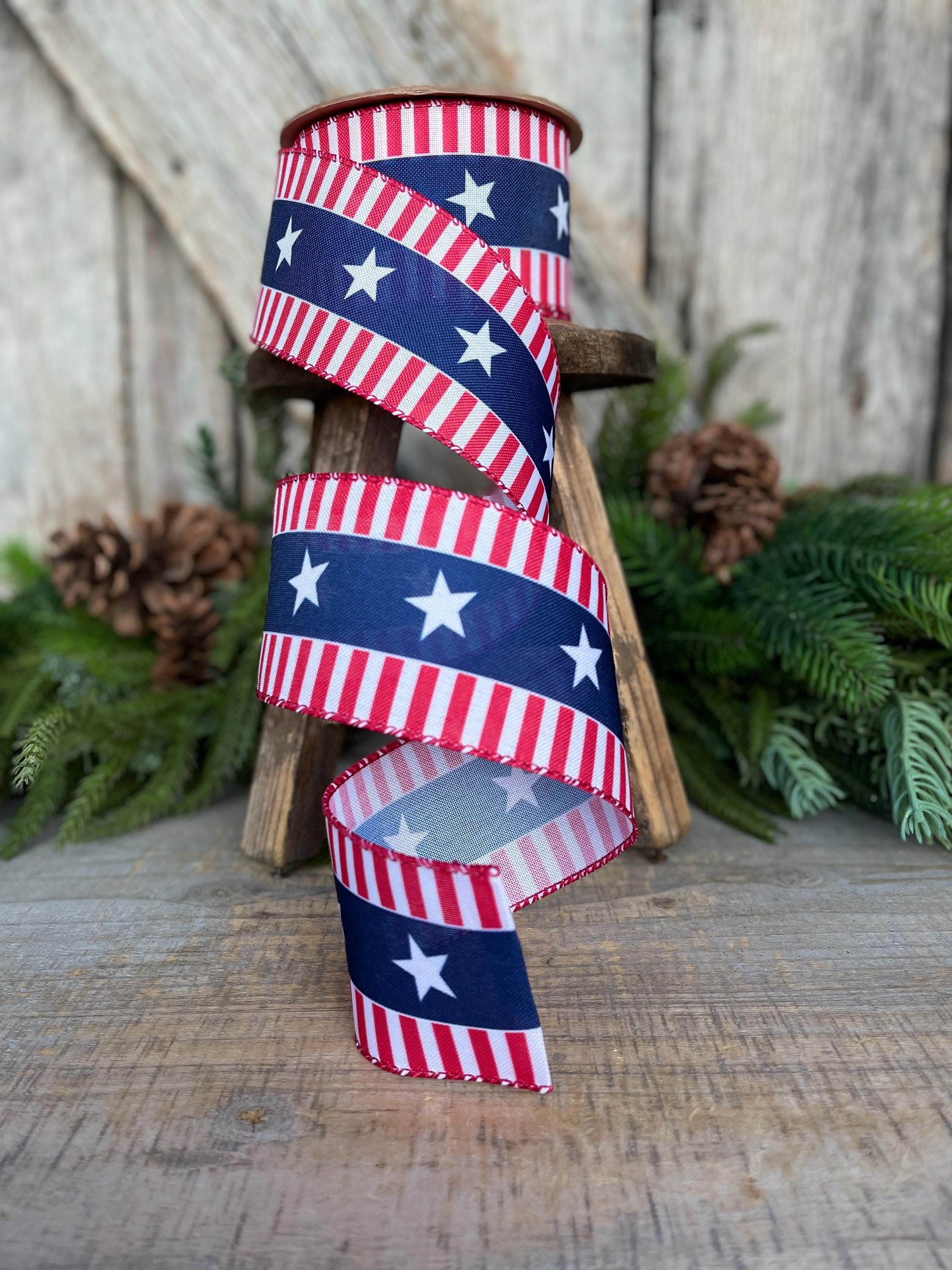 2.5" Patriotic Wired Ribbon, Stars and Stripe Ribbon, American Ribbon