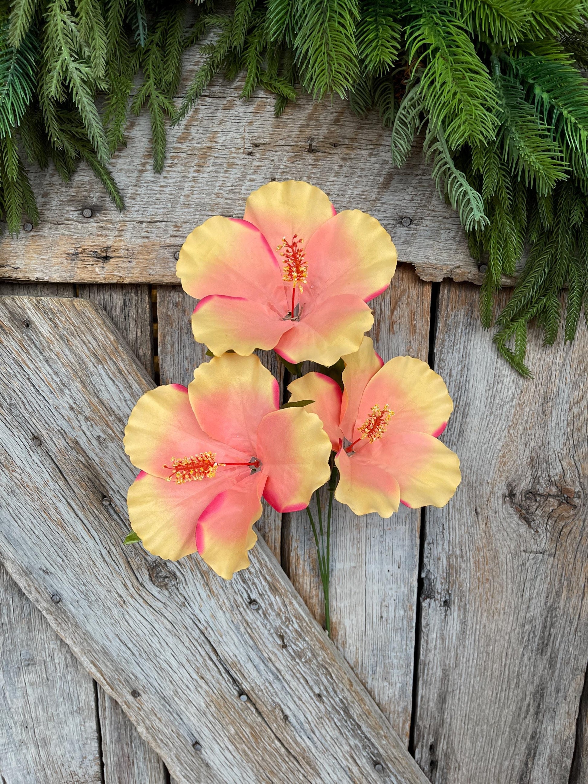 27" Coral Orange Hibiscus Stem, Artificial Stem, Hibiscus Spray, Summer Floral Stems, Wedding Bouquet, 29414CO, Coral Orange Florals