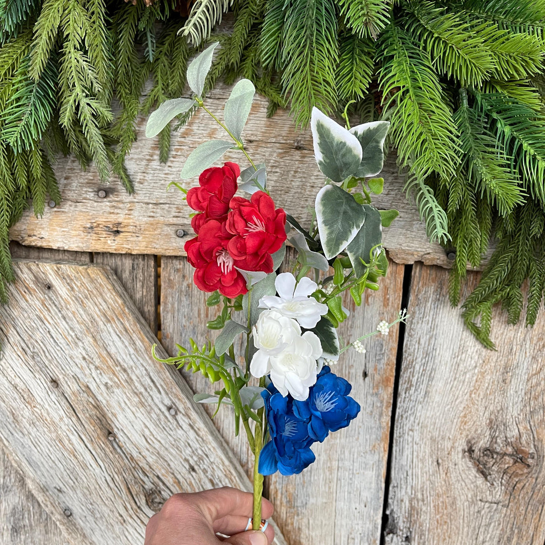 20" Patriotic Hydrangea Bush, Artificial Floral Bush, Red White Blue Floral