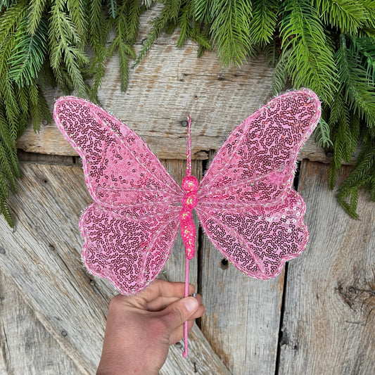 10" Pink Sequin Butterfly Pick, Spring Decor, Butterfly Decor, Butterfly Wreath Attachment, Pink butterfly decor, 63578PK