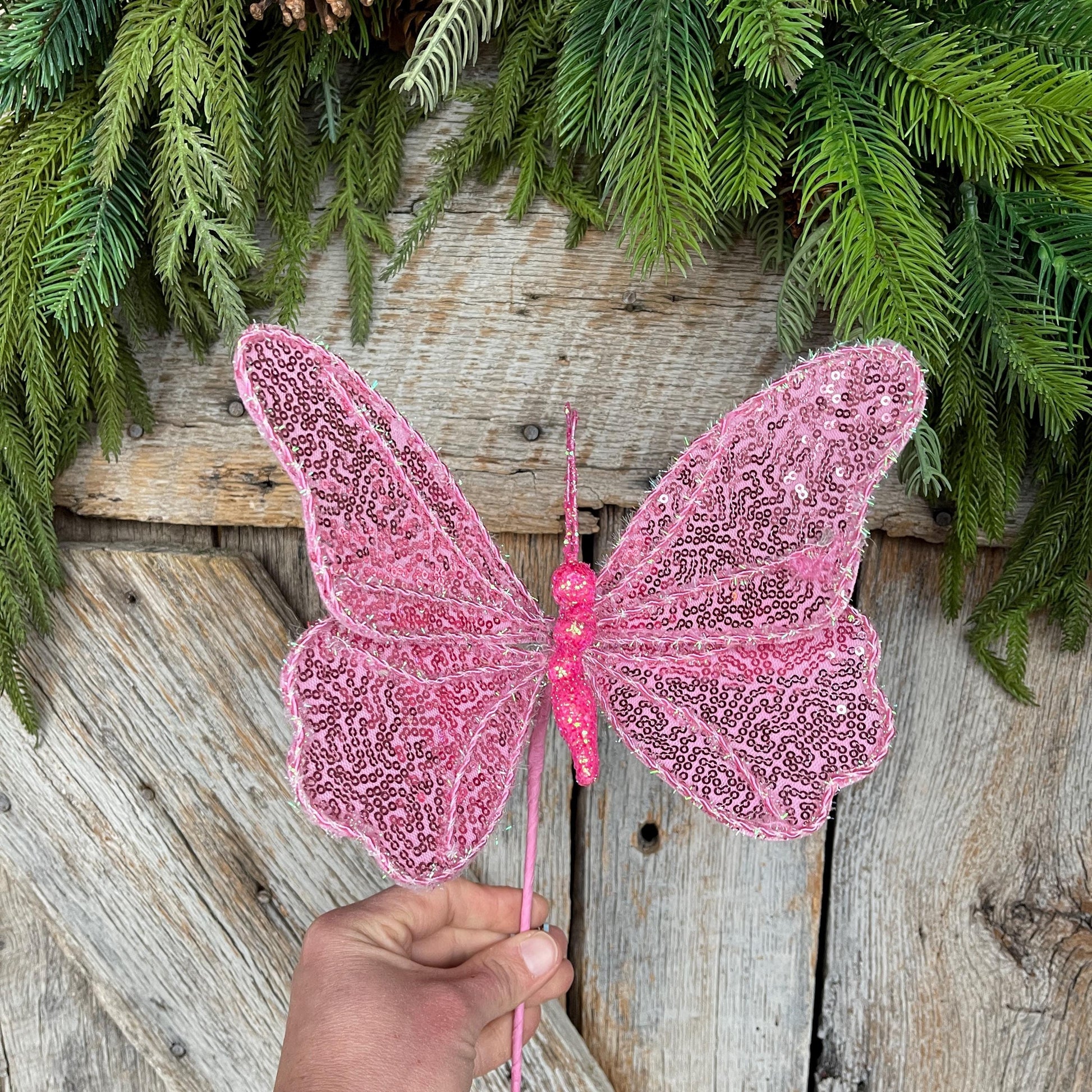 10" Pink Sequin Butterfly Pick, Spring Decor, Butterfly Decor, Butterfly Wreath Attachment, Pink butterfly decor, 63578PK