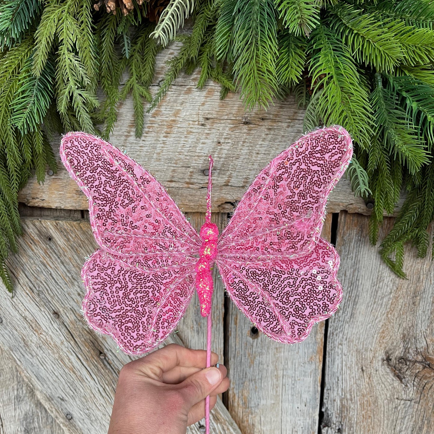 10" Pink Sequin Butterfly Pick, Spring Decor, Butterfly Decor, Butterfly Wreath Attachment, Pink butterfly decor, 63578PK