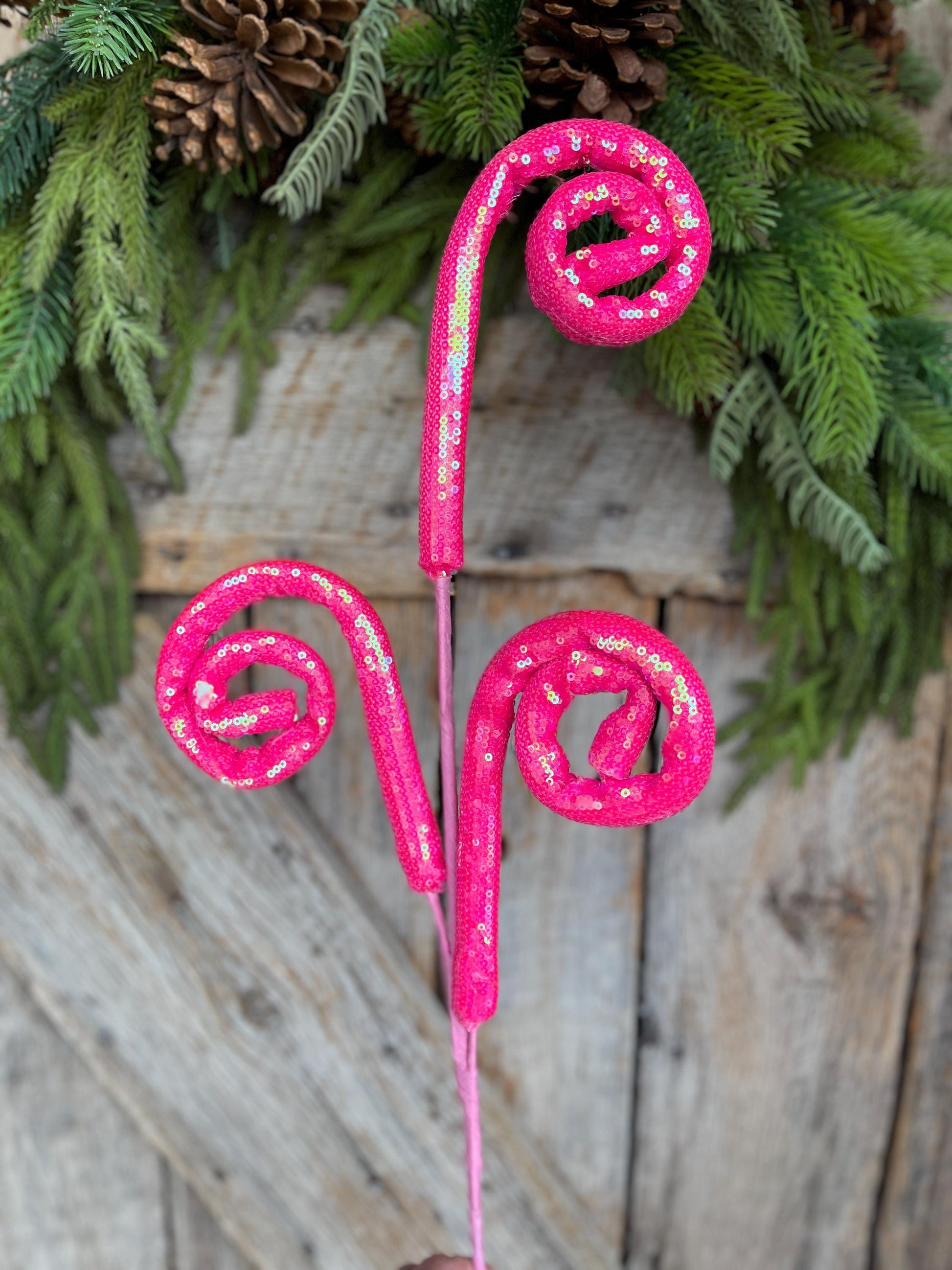 28" Hot Pink Sequin Curly Spray, Wreath Supply, Floral Supply, Pink Floral Pick, Hot Pink Spray, 63596HTPK
