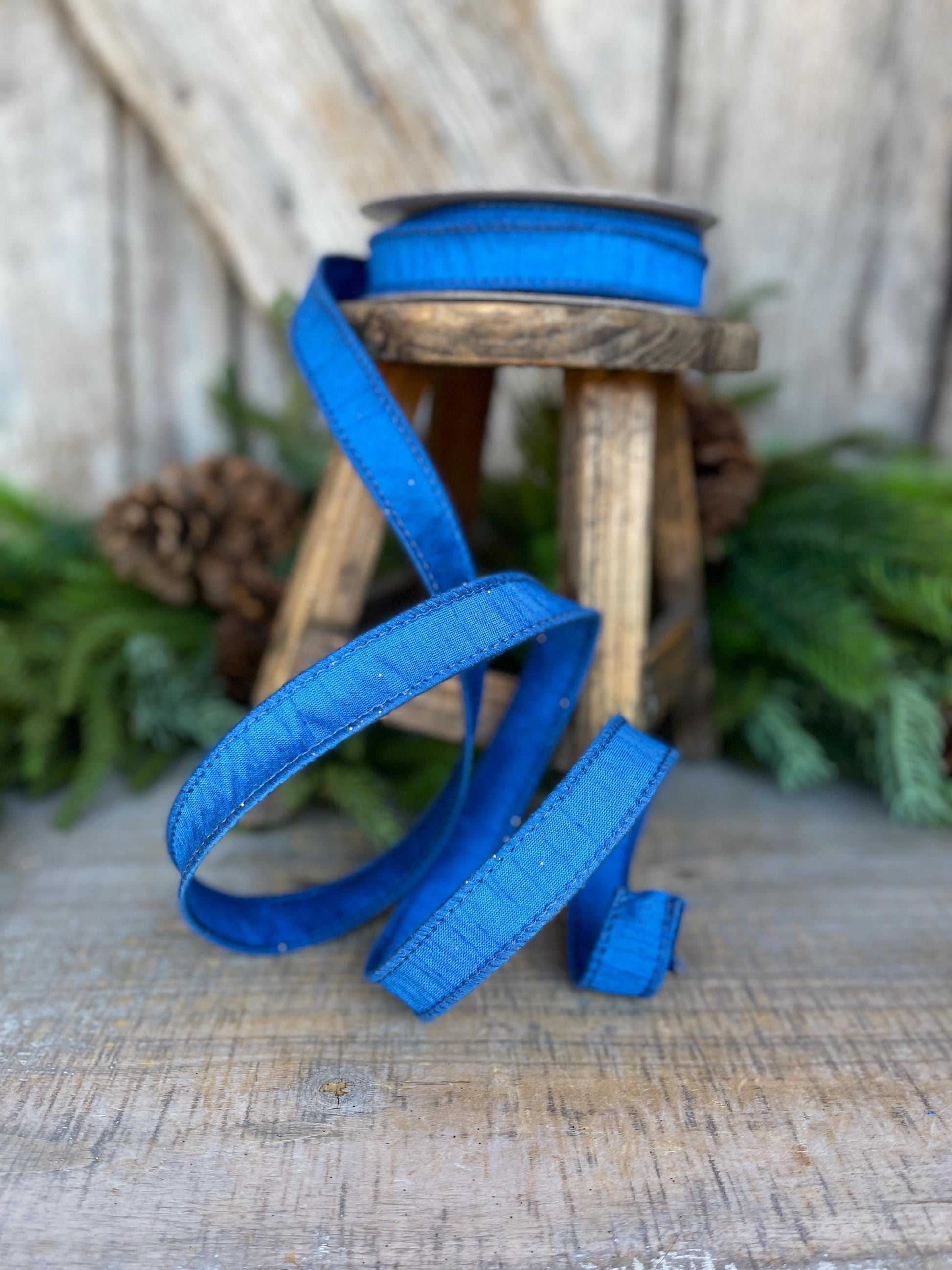 7/8” Royal Blue Dupion Ribbon, blue ribbon, wired ribbon
