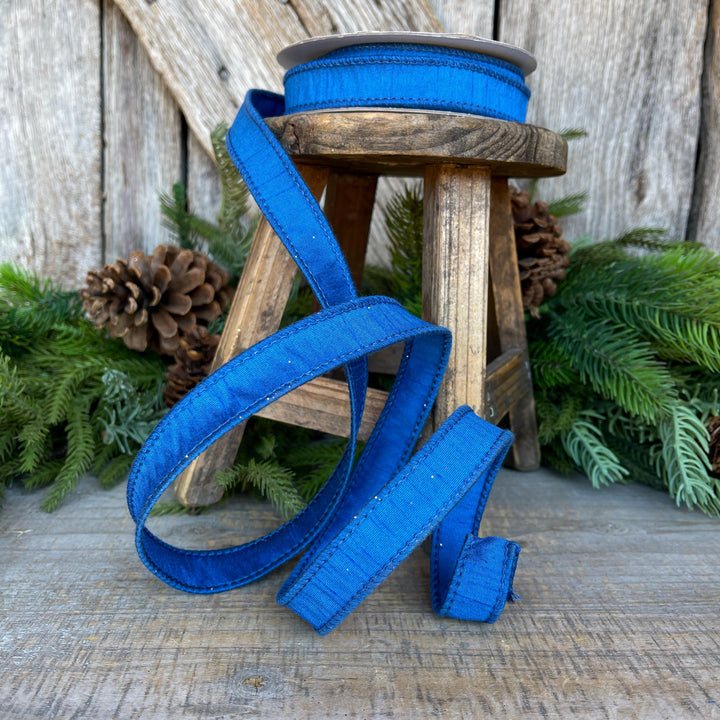 7/8” Royal Blue Dupion Ribbon, blue ribbon, wired ribbon