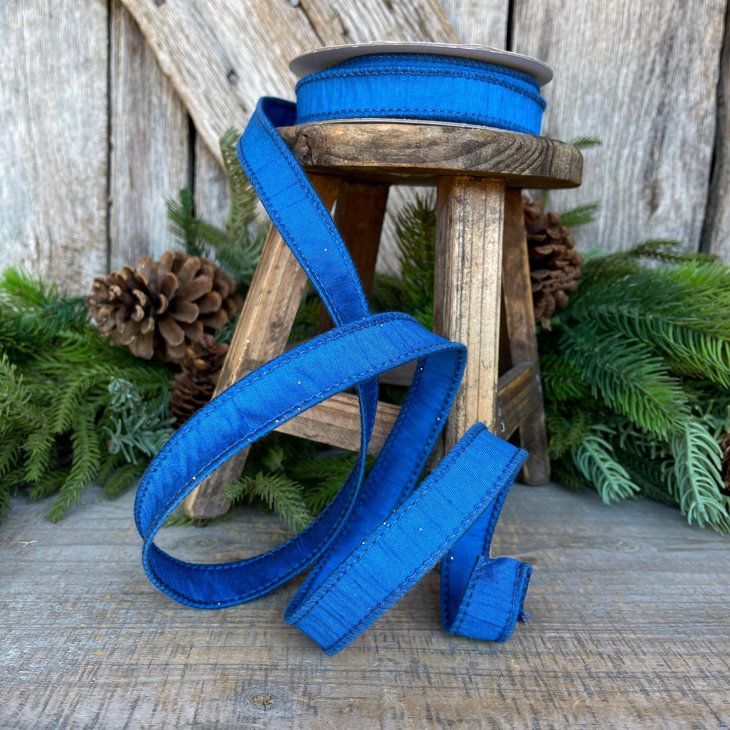 7/8” Royal Blue Dupion Ribbon, blue ribbon, wired ribbon