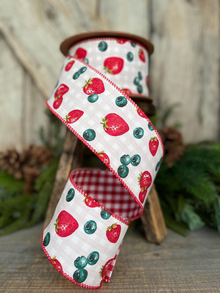 2.5" Strawberry Blueberry Ribbon, Wired Ribbon, Spring Ribbon