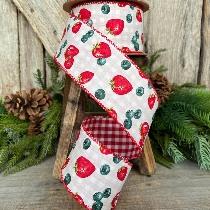 2.5" Strawberry Blueberry Ribbon, Wired Ribbon, Spring Ribbon