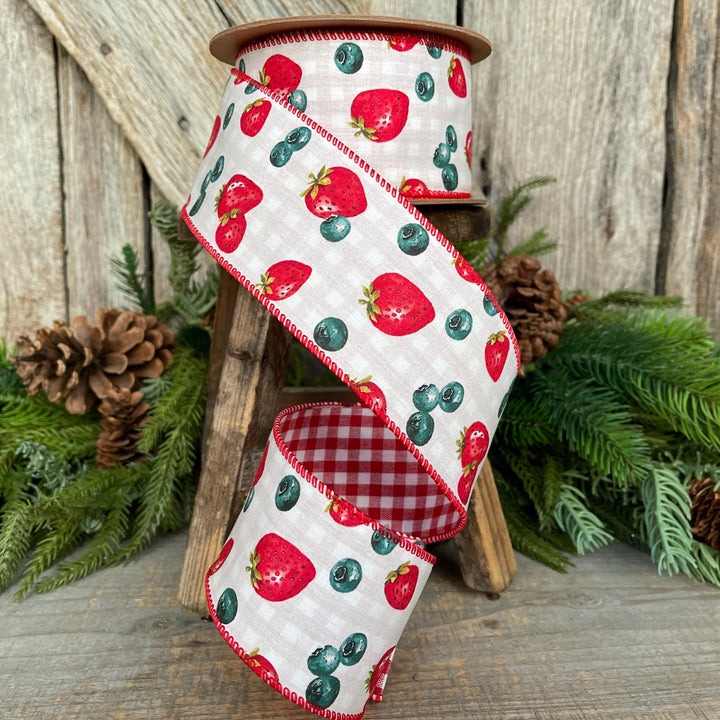 2.5" Strawberry Blueberry Ribbon, Wired Ribbon, Spring Ribbon
