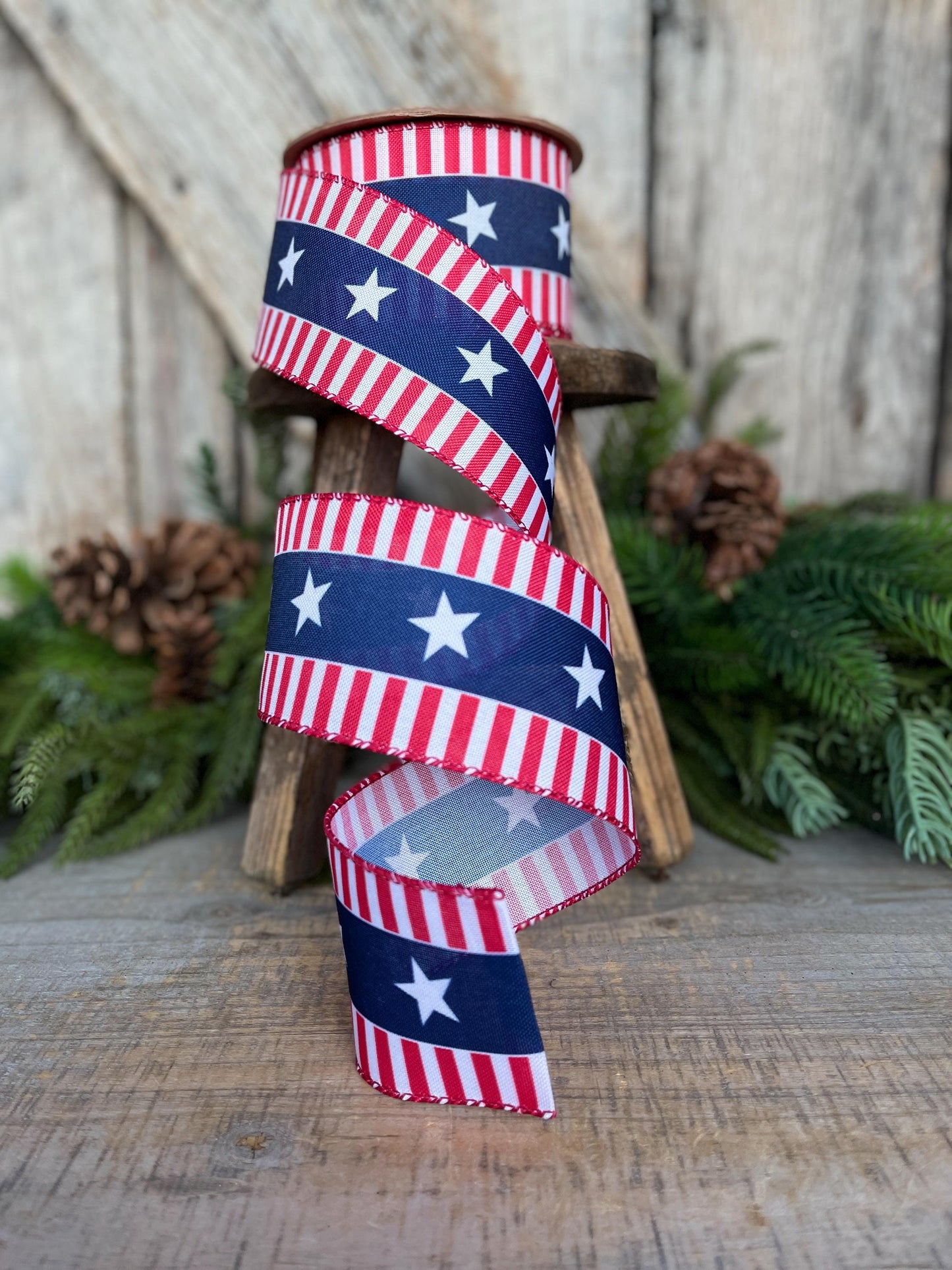 2.5" Patriotic Wired Ribbon, Stars and Stripe Ribbon, American Ribbon