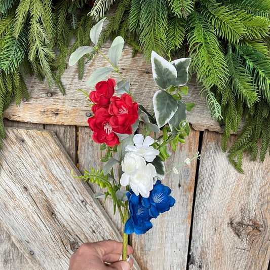 20" Patriotic Hydrangea Bush, Artificial Floral Bush, Red White Blue Floral, Floral Stem, Wreath Supply, Floral Supply,Patriotic Decor,64040