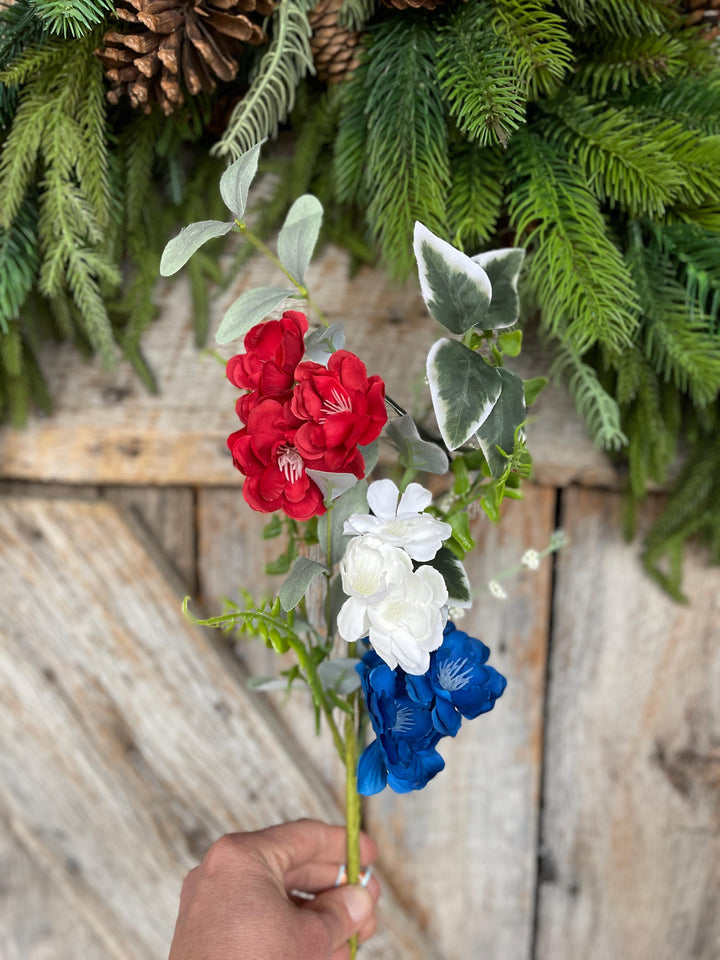 20" Patriotic Hydrangea Bush, Artificial Floral Bush, Red White Blue Floral