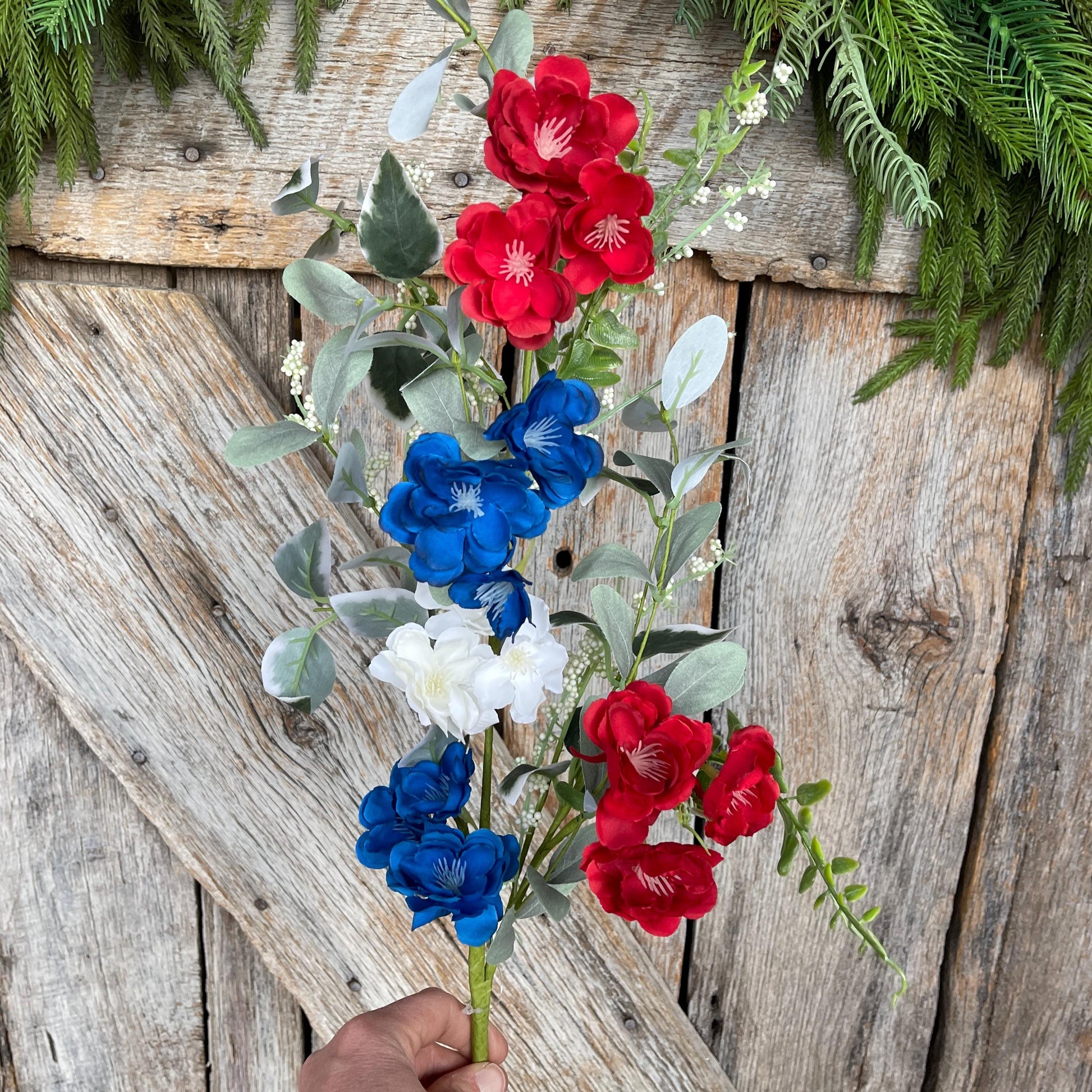 39" Patriotic Hydrangea Bush, Artificial Floral Bush, Red White Blue Floral