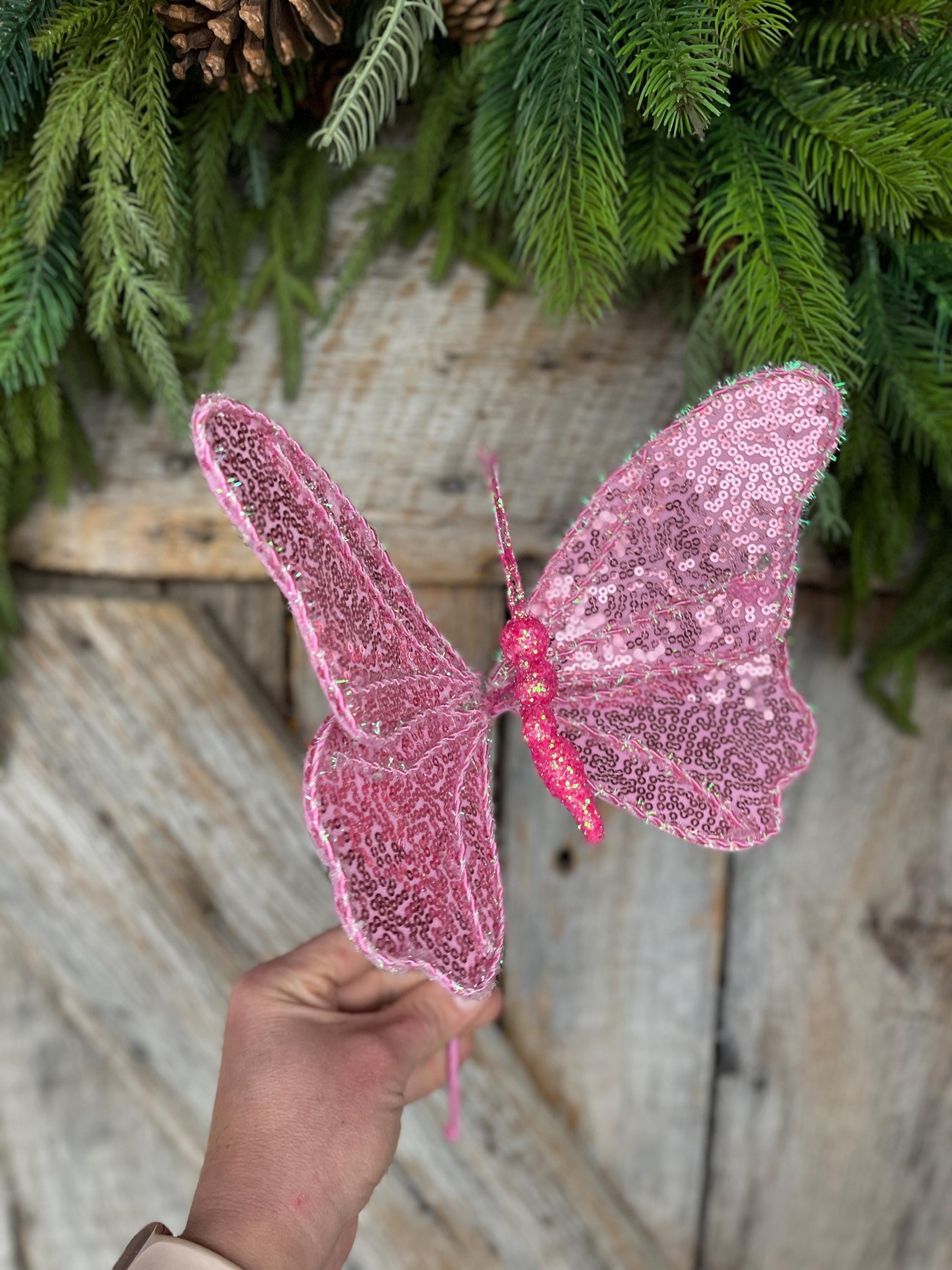 10" Pink Sequin Butterfly Pick, Spring Decor, Butterfly Decor, Butterfly Wreath Attachment, Pink butterfly decor, 63578PK