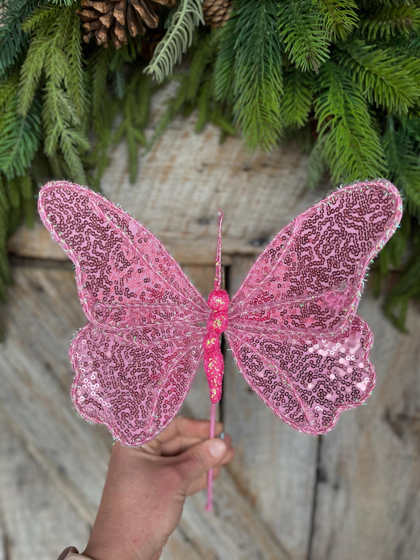10" Pink Sequin Butterfly Pick, Spring Decor, Butterfly Decor, Butterfly Wreath Attachment, Pink butterfly decor, 63578PK