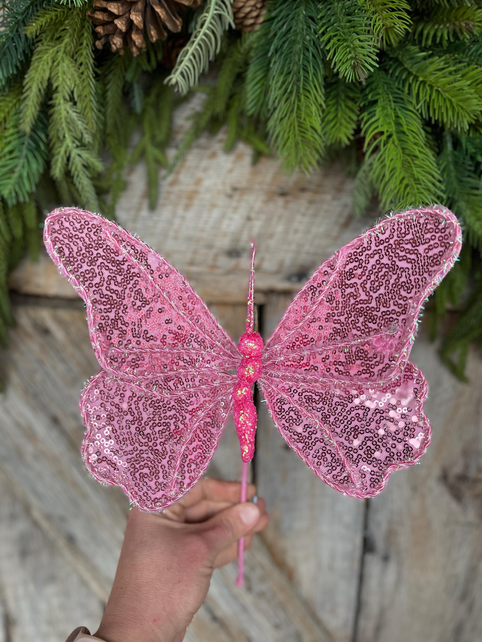 10" Pink Sequin Butterfly Pick, Spring Decor, Butterfly Decor, Butterfly Wreath Attachment, Pink butterfly decor, 63578PK