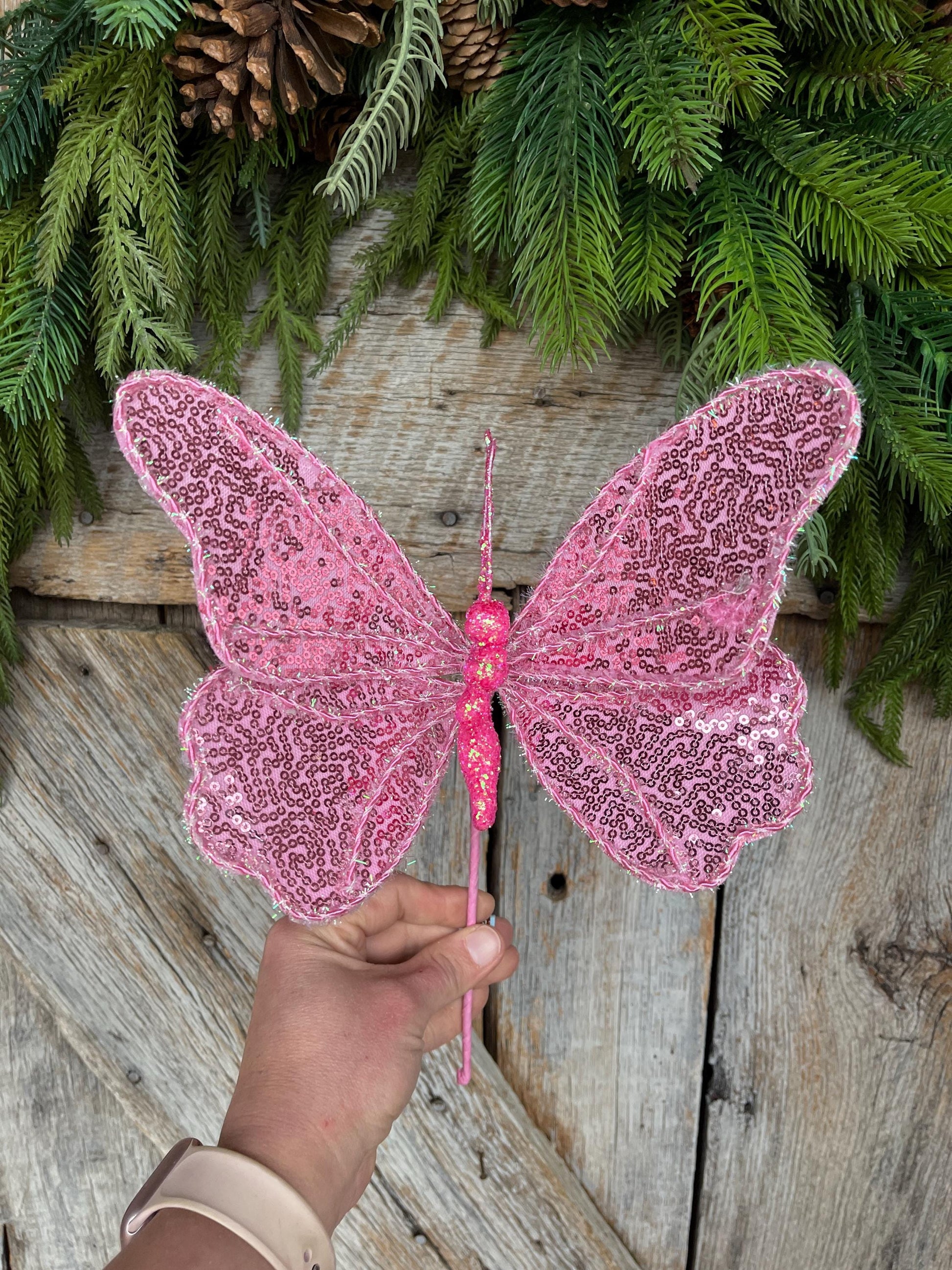 10" Pink Sequin Butterfly Pick, Spring Decor, Butterfly Decor, Butterfly Wreath Attachment, Pink butterfly decor, 63578PK