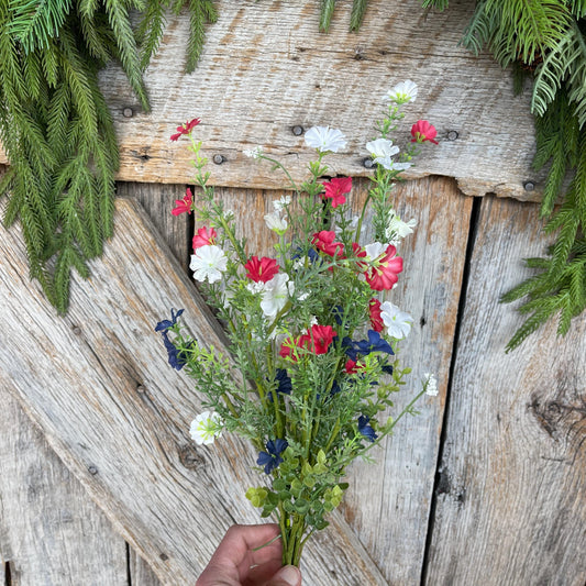 21" Red White Blue Floral Spray, Floral Filler Supply, Wreath Supply, Floral Supply, Hand Tied Floral, Patriotic Floral Bush, 63763RWB