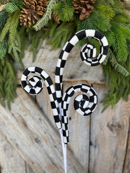 28" Black White Checkered Curly Spray, Halloween Spray, Floral Spray, Curly Spray, Black White Check Spray, 63407BKWT