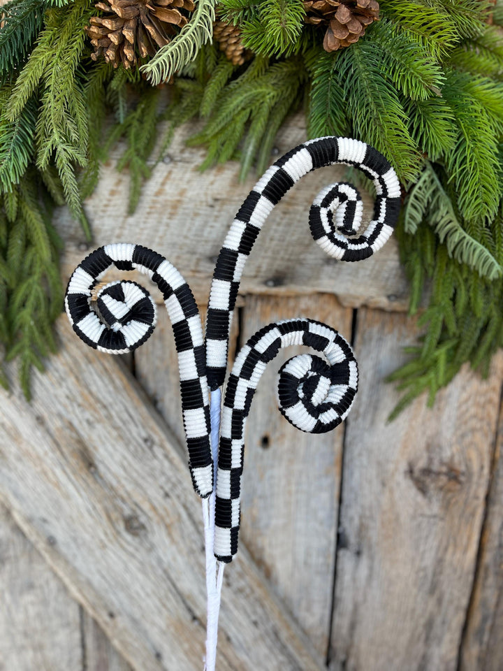 28" Black White Checkered Curly Spray, Halloween Spray, Floral Spray
