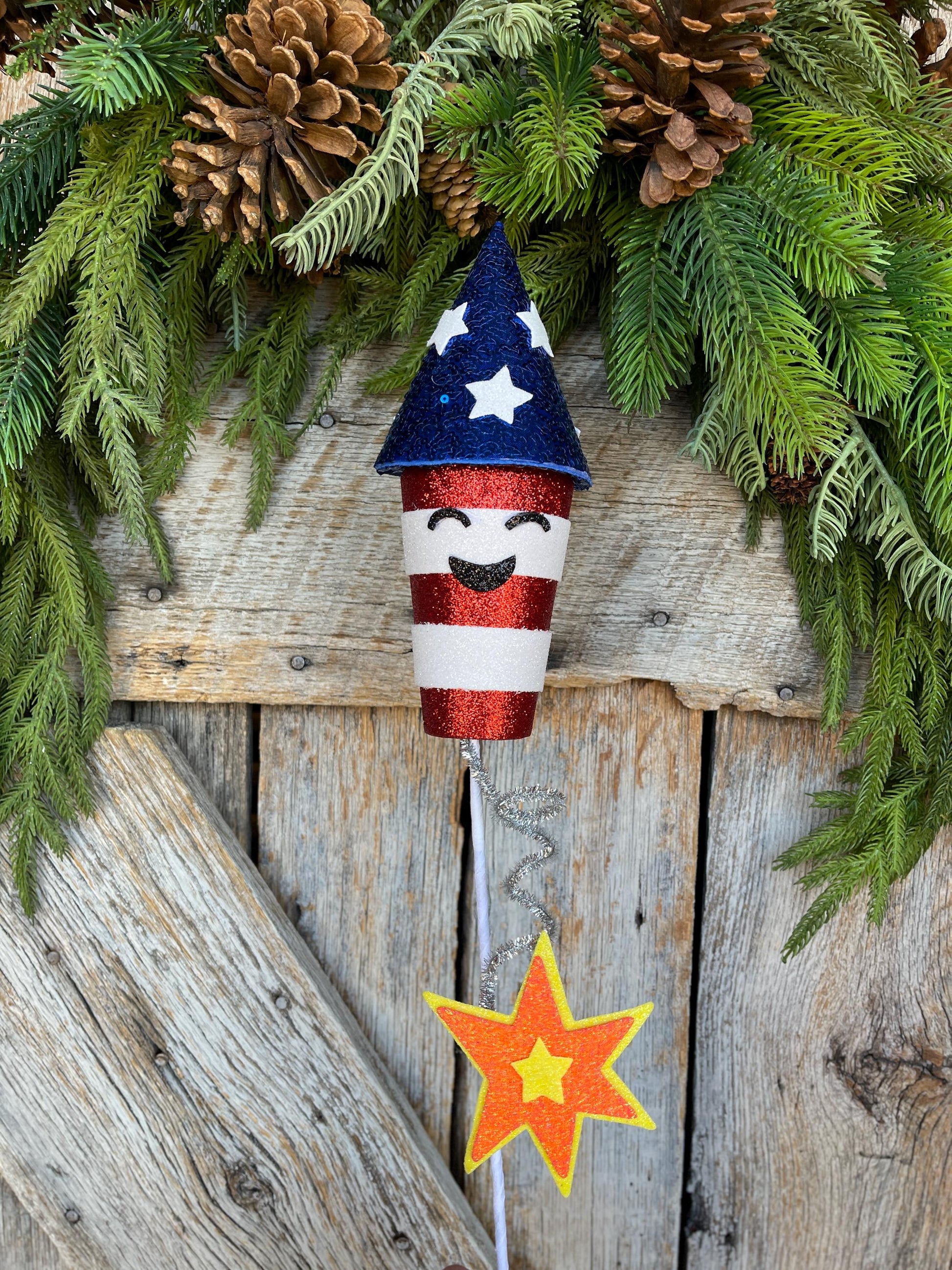 24" Patriotic Rocket Spray, Red White Blue Floral Spray, Patriotic Picks and Stems, 4th of July Rocket Pick, Patriotic Decor, 74240RWB