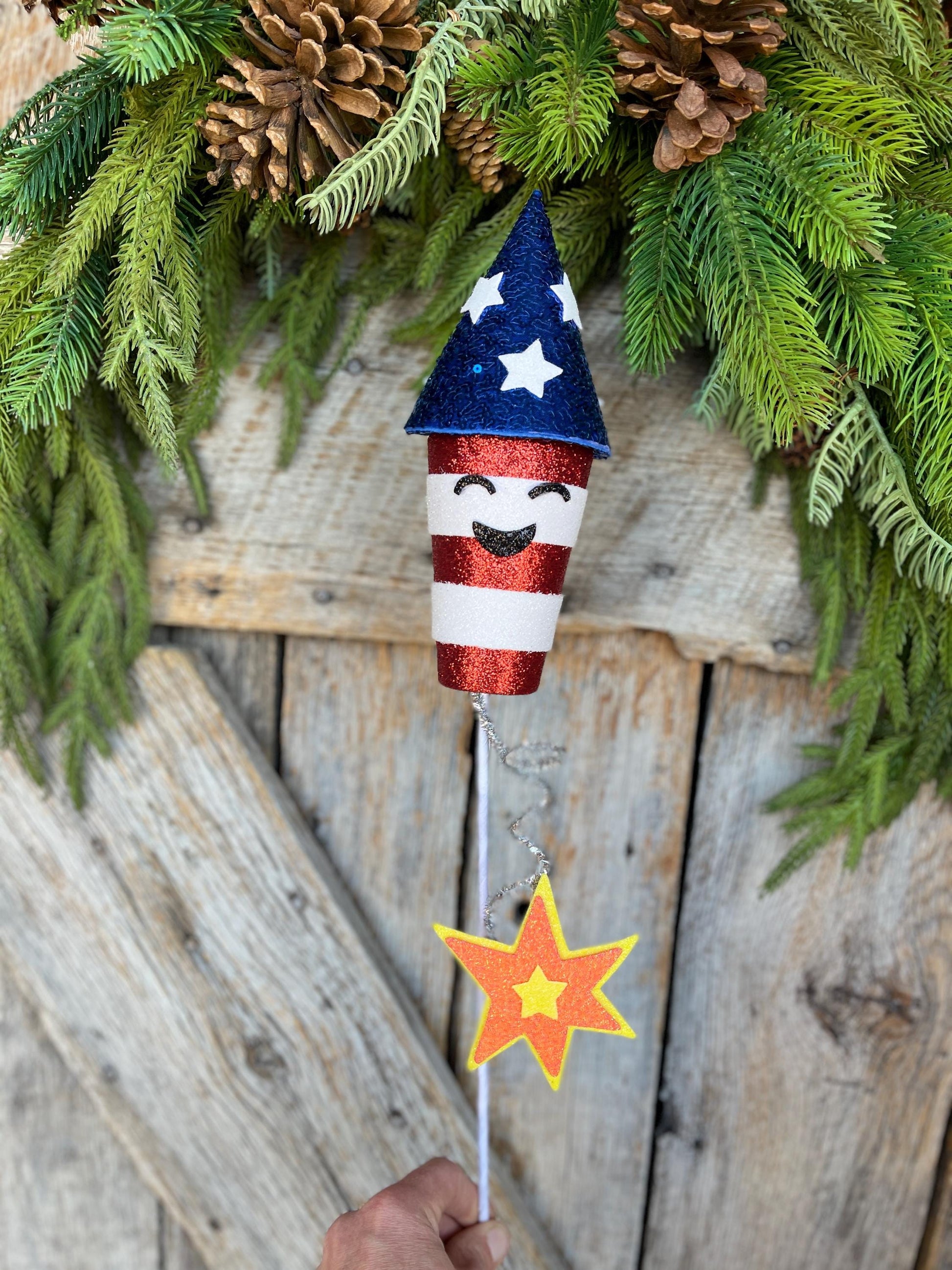 24" Patriotic Rocket Spray, Red White Blue Floral Spray, Patriotic Picks and Stems