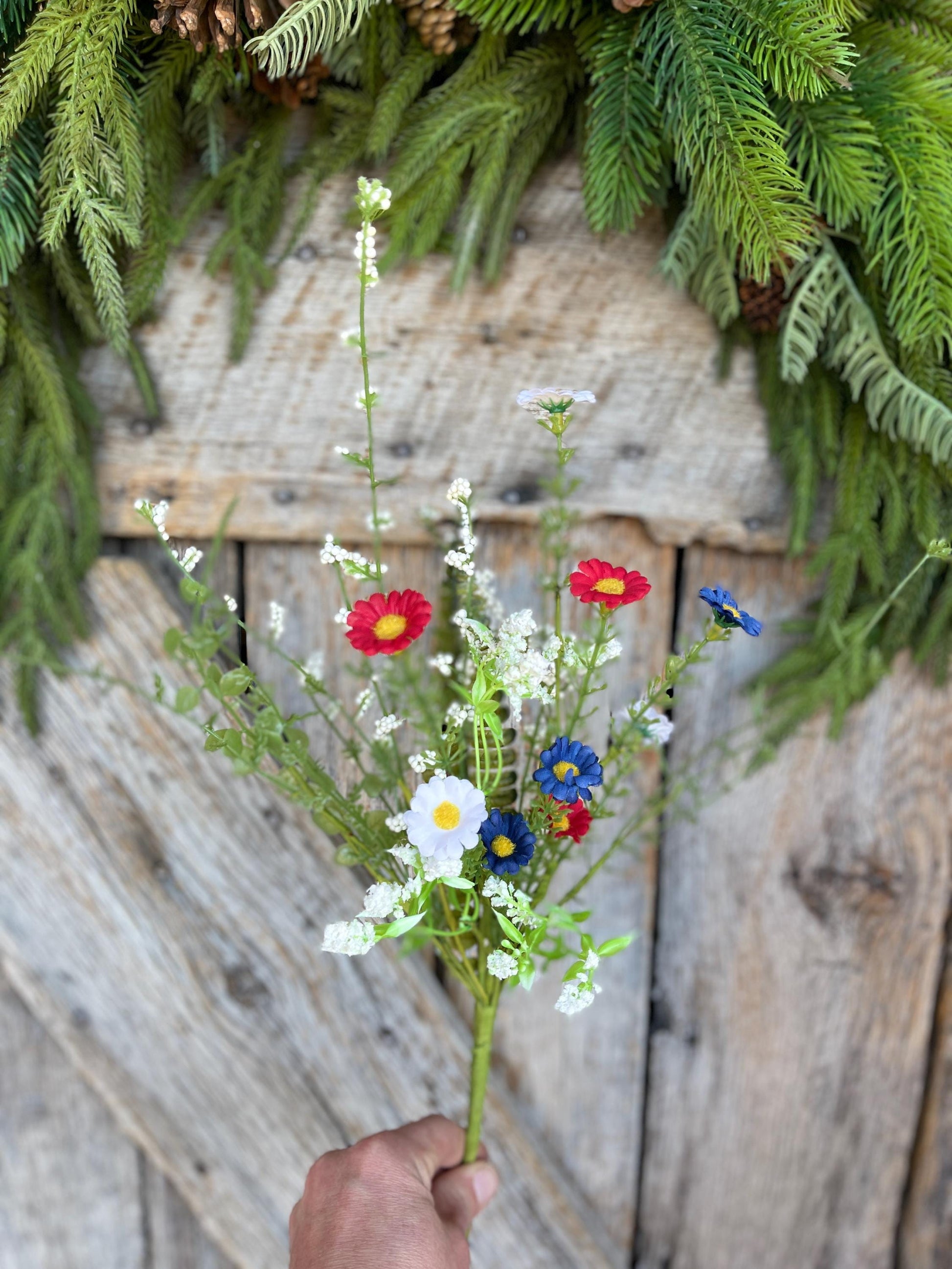18" Patriotic Flowering Bush, Artificial Floral Bush, Red White Blue Floral