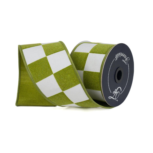 2.5" Lime Green Check Ribbon, Wired Ribbon, Farrisilk Ribbon, Lime Green White Check Ribbon, SR006-61