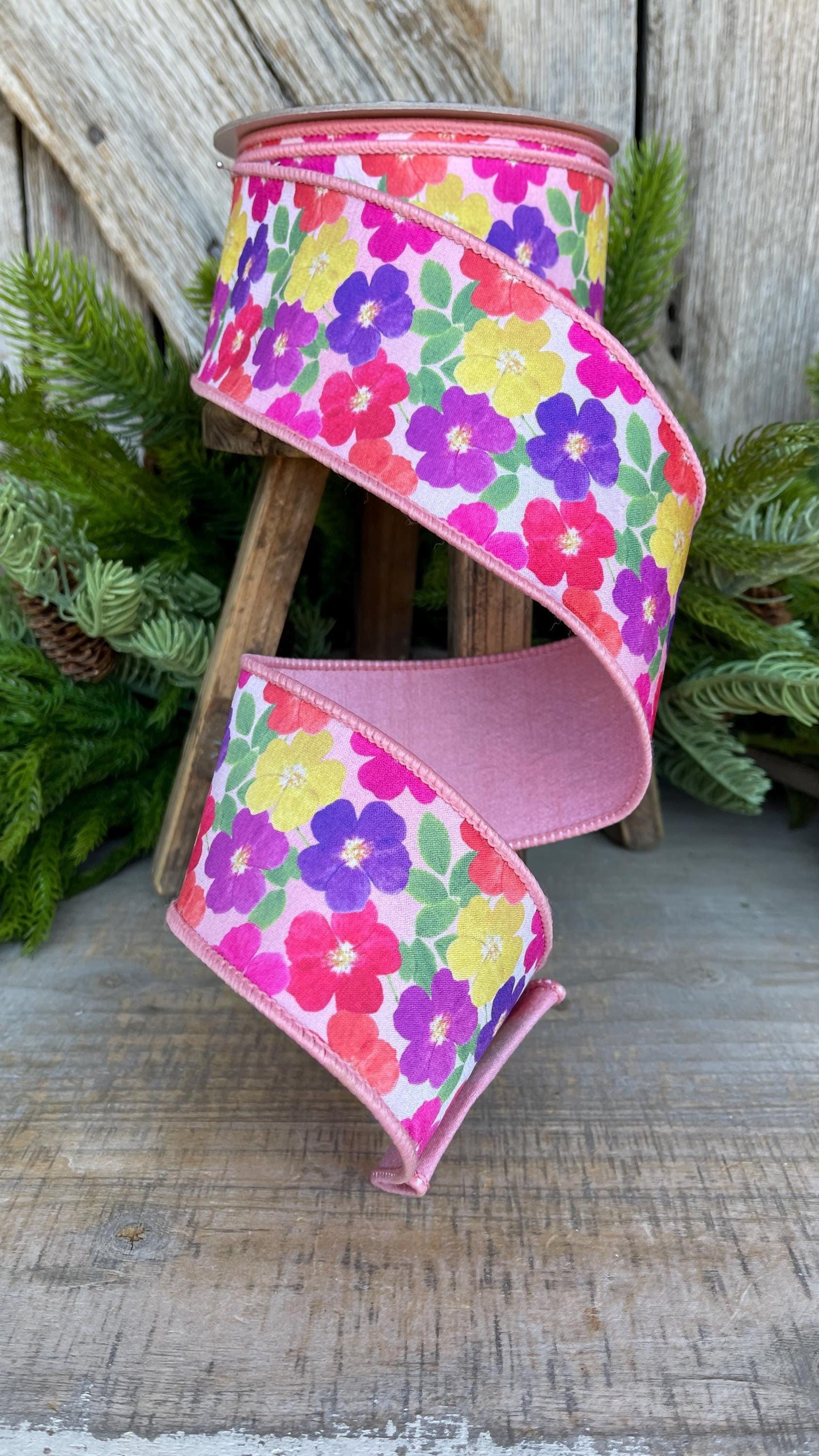 2.5" Pink Floral Ribbon, Farrisilk Ribbon, Petal Parchment