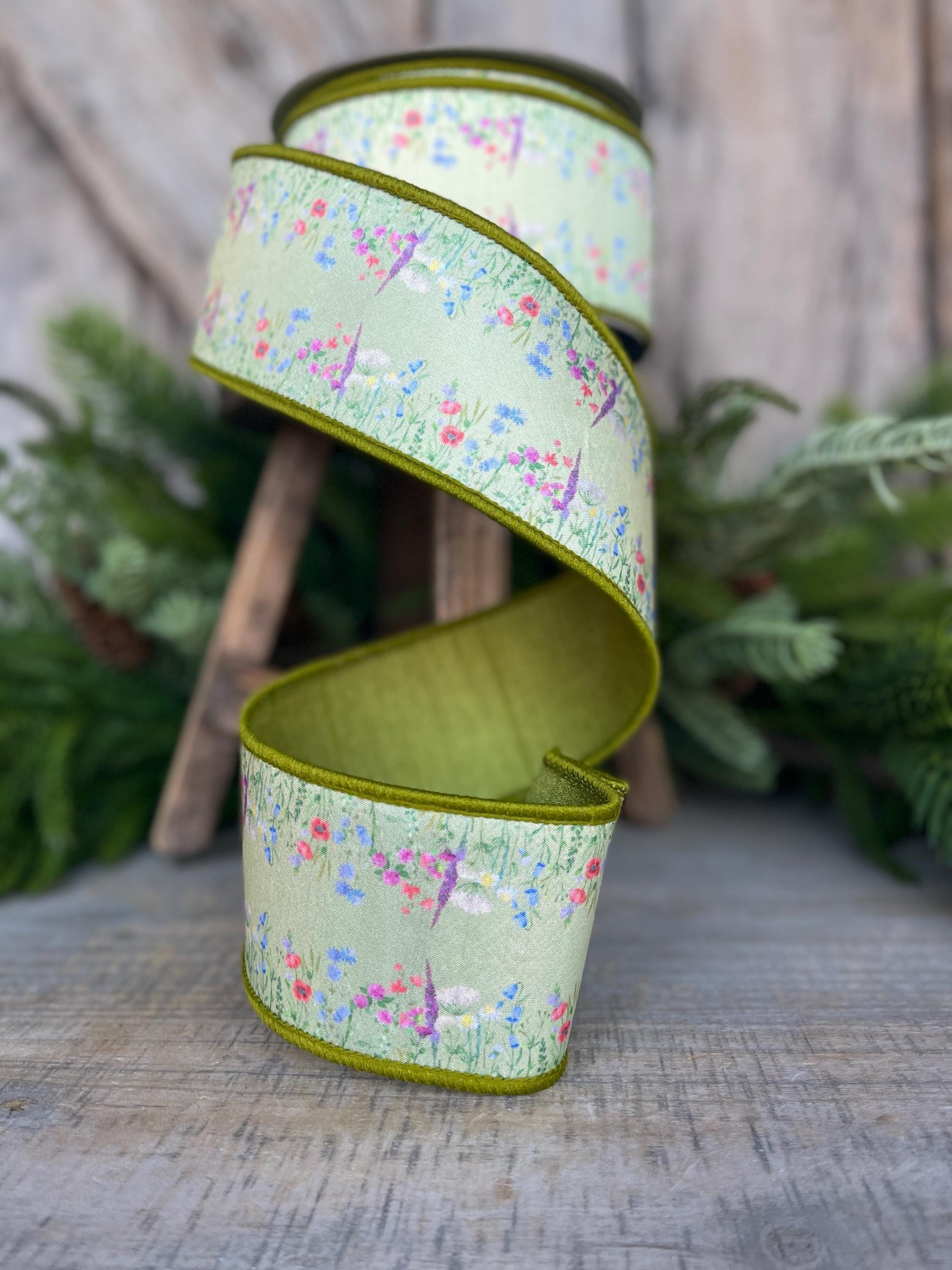 2.5" Green Wildflowers Ribbon, Farrisilk Ribbon, Floral Ribbon, Spring Ribbon, Summer Ribbon, SR029-12