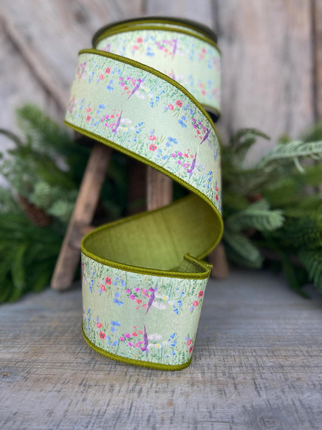 2.5" Green Wildflowers Ribbon, Farrisilk Ribbon, Floral Ribbon