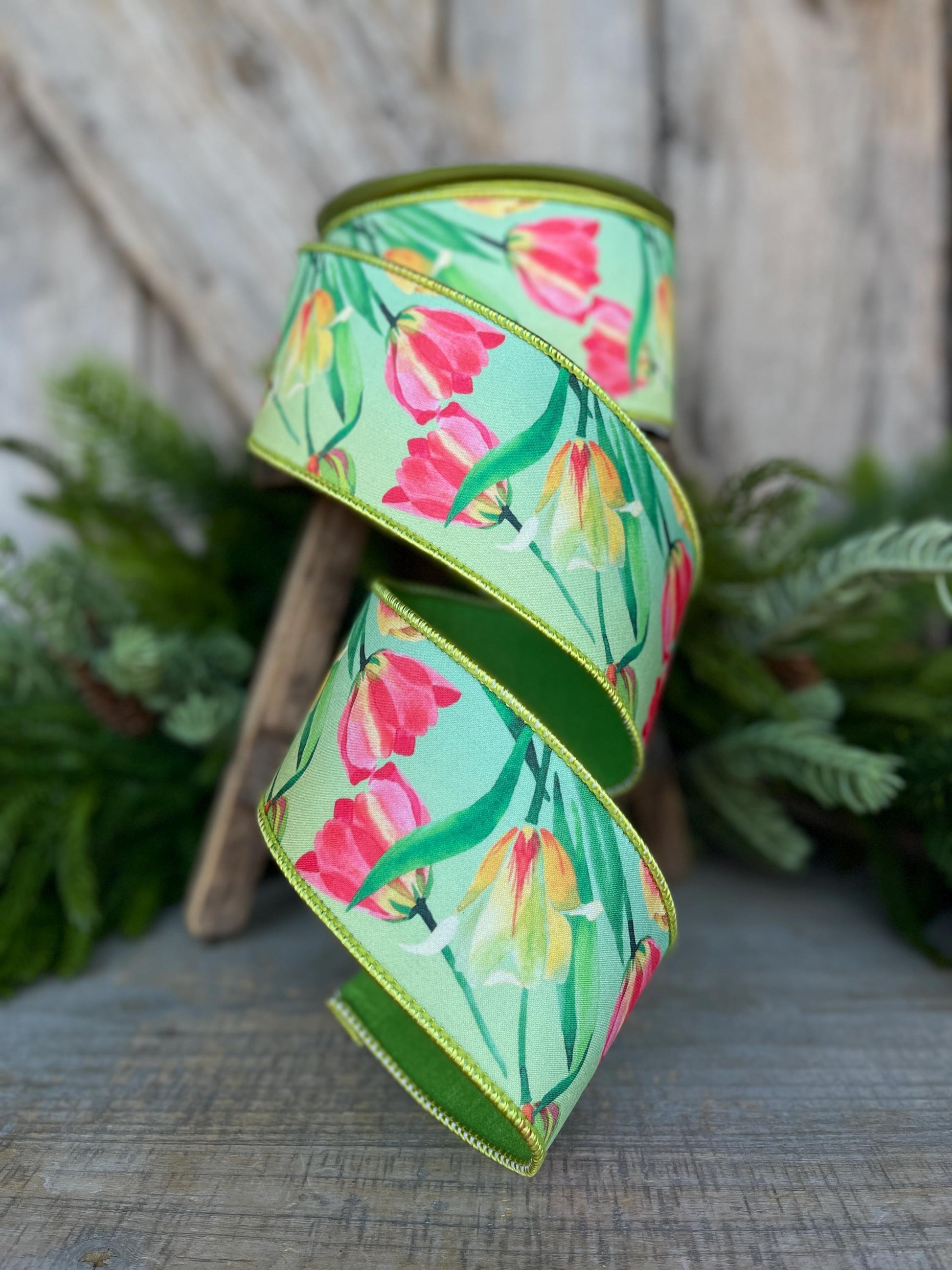 2.5" Tulip Ribbon, Wired Ribbon, Farrisilk Ribbon, Spring Tulip Ribbon, Green Tulip Ribbon, Designer Ribbon, SR063-32
