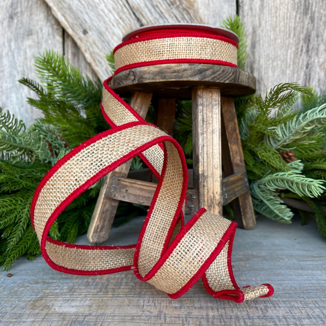 1" Red Burlap Accent Ribbon, Farrisilk Ribbon, Wired Ribbon