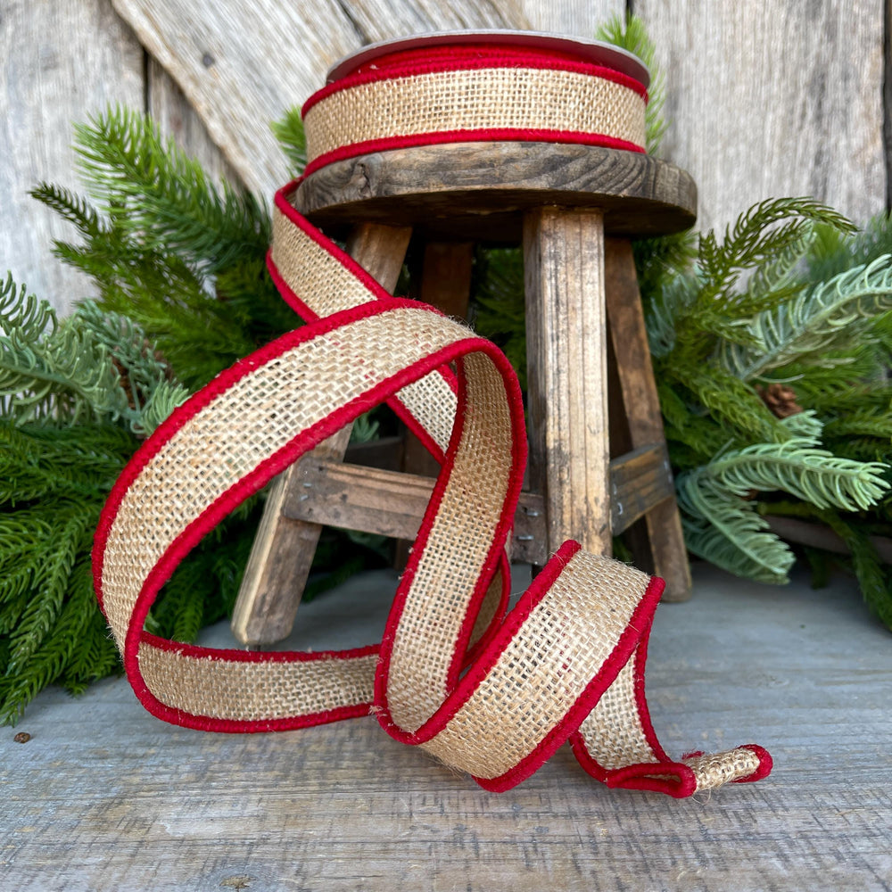 1" Red Burlap Accent Ribbon, Farrisilk Ribbon, Wired Ribbon