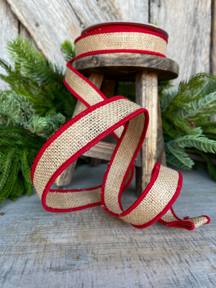 1" Red Burlap Accent Ribbon, Farrisilk Ribbon, Wired Ribbon