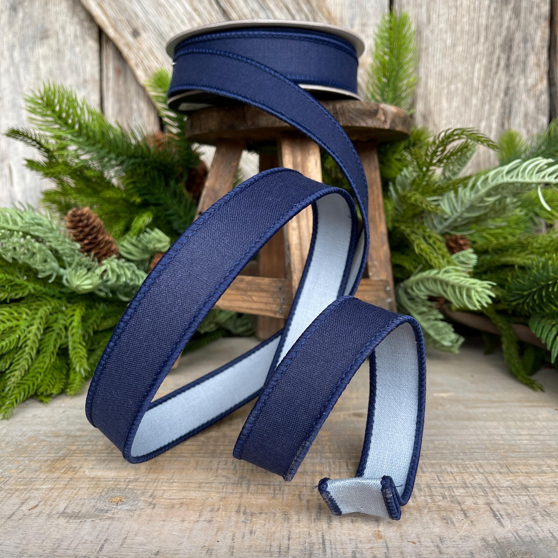 1" Navy Blue Ribbon, Farrisilk Ribbon, Wired Ribbon, Navy Blue Linen Tones Ribbon, 2 Tone Ribbon, Denim Look Ribbon, SR119-05