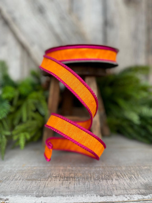 1" Pink Orange Ribbon, Farrisilk Ribbon, Hot Pink Accent Ribbon, Pink Orange Ribbon, Wired RIbbon, Designer Ribbon, Corded RIbbon, RK533-52