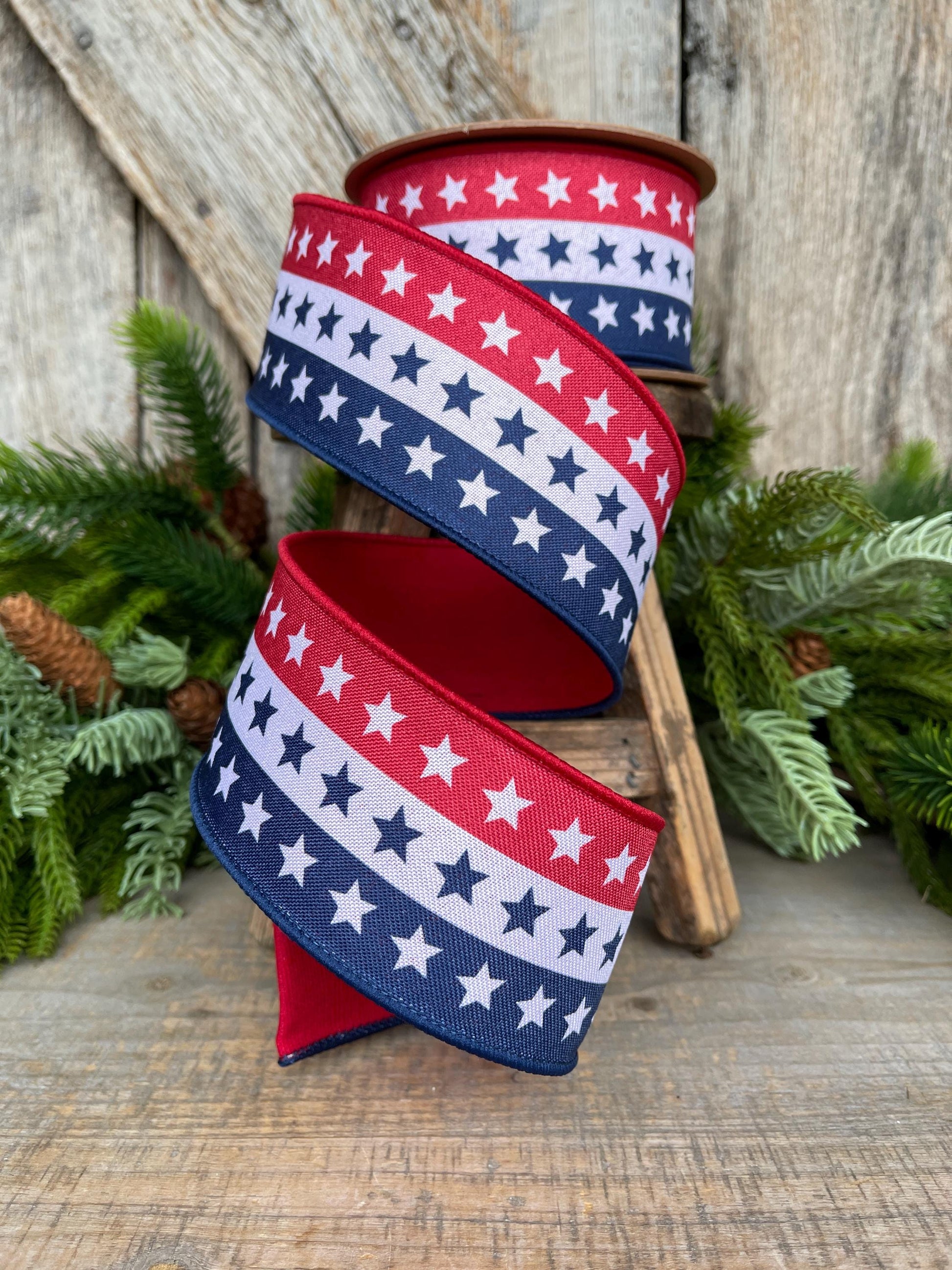 2.5" Patriotic Wired Ribbon, Stars and Stripe Ribbon, American Ribbon
