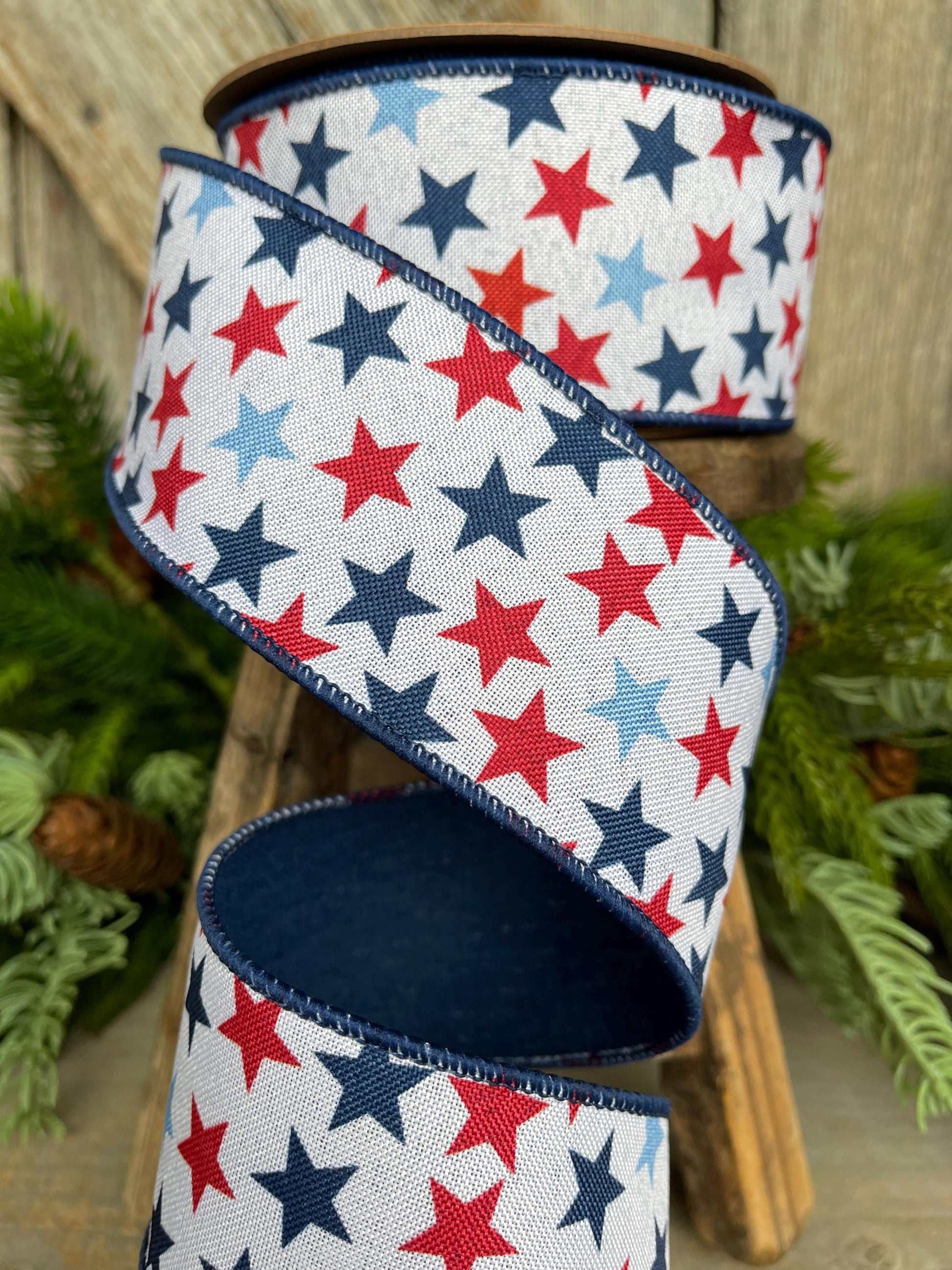 2.5" Patriotic Ribbon, Wired Ribbon, Stars Ribbon, Americana Ribbon, USA Ribbon, 4th of July RIbbon, Ribbon for bows, Wreath supply